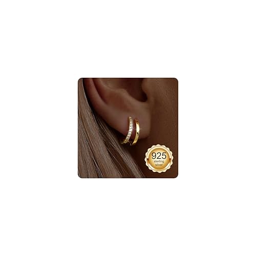 Adramata Boucles d'Oreilles Argent 925 pour Femme Plaquée Or 14 Carats Double Creoles Or/Argent 4 Broches Wrap Boucles d'Oreilles Piercings Oreille Helix Tragus Piercing Bijoux