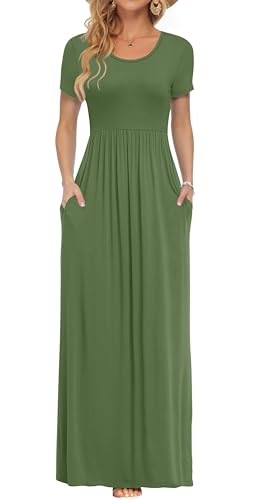 Image of AUSELILY Women's Summer Short Sleeve Loose Plain Casual Long Maxi Dresses | Year Round wear solid floral print, Casual wear, Empire waist, Floor length, Side pockets