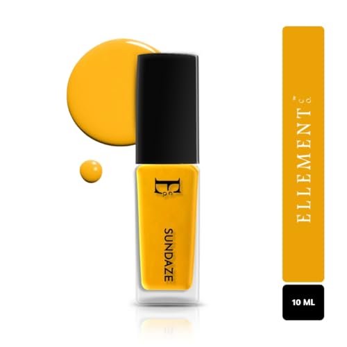 Image of Ellement Co Sundaze Nail Polish 10 ml in vibrant sunshine yellow shade offers high gloss salon finish | smooth streak free application, quick drying formula | and long lasting chip resistant wear| perfect for summer looks, vacations, beach days, casual outfits, and cheerful everyday nail styling.