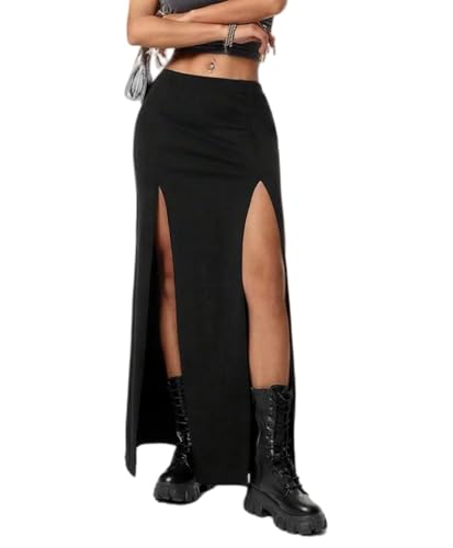 SHIHATSUSR Women's Black Goth Long Skirts Side Slit...