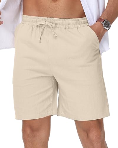 LVCBL Linen Shorts for Mens Casual Elastic Waist Shorts with Pockets Khaki L