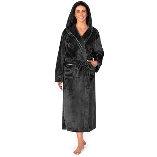 PAVILIA Womens Fleece Robe with Satin Trim, Plush Soft Long Spa Bathrobe, Cozy Shawl Collar Housecoat with Pockets