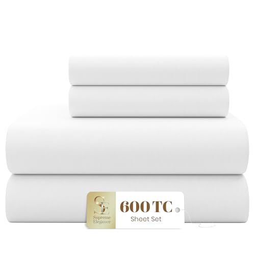 SUPREME ELEGANCE 600 Thread Count Sateen Queen Bed Sheets Set, 4-Piece, Arctic White - Soft & Smooth Cotton Rich Bed Sheets Set - 16' Deep Pocket Fitted Sheet - Wrinkle Resistant, Durable & Quick Dry