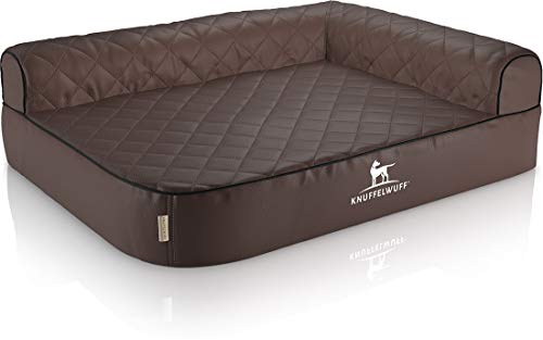 Knuffelwuff Orthopädisches Eck Hundebett Winslow aus Laser-gestepptem Kunstleder XXL 120 x 80cm Lehne Rechts Braun - Abnehmbarer Bezug - leicht zu reinigen - für große, mittelgroße und kleine Hunde