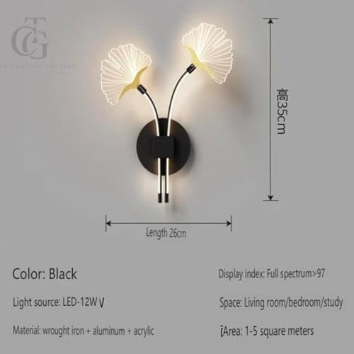 Image of Modern LED Wall Sconce Light, Dual Ginkgo Leaf Design, Metal Base with Three Colour Illumination (Warm White, Natural White, Cool White), Indoor Decorative Lighting, Black