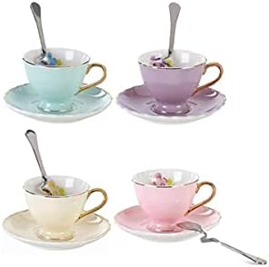 YBK Tech Euro Style Coffee Bar Espresso Cup and Saucer Set of 4 Bone China Porcelain Tea Coffee Cup for Home Kitchen Tea Party (4 assorted color/set) (90ml)