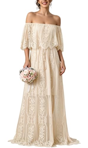 Image of HOYISHION Women's Off The Shoulder Floral Lace Maxi Dress White Bridesmaid Wedding Party Maternity Photoshoot Long Dresses