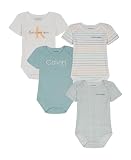 Calvin Klein Baby Boy's 4-Pack Short Sleeve Bodysuit, Vanilla/Sage, 0-3 Months