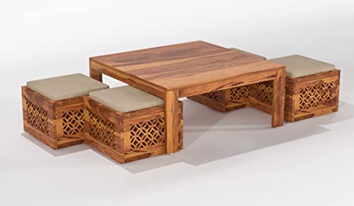 Image of Sheeshsam Wooden Coffee Table with 4 Stools for Living Room - Solid Wood Coffee Table with Cushion Seating Stools Tea Table Teapoy Center Piece for Home Sofa Center Table (Kaine Honey)