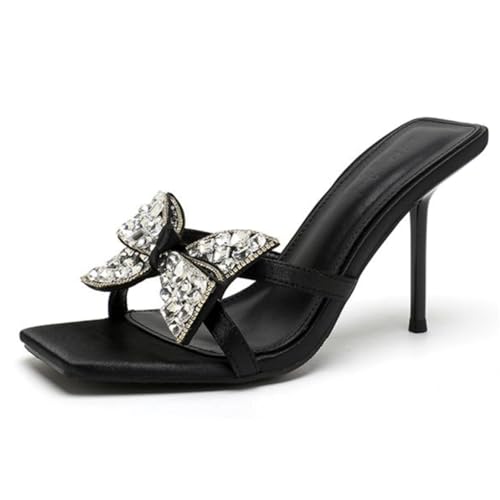 Women's Slingback Heeled Sandals Slip On Stiletto Heels Open Toe High Rhinestone Bow Decoration Dress Party