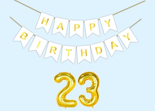 Image of 23rd Happy Birthday Decoration Kit White for 23 year Old Boys Girls Men Women with Number Twenty-three Party Decorations Decor Celebration Items Item Set Combo Reusable Paper Banner