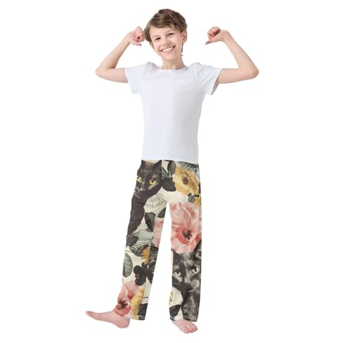 Cat Butterfly Flowers Boys Long Pants Soft Trousers Elastic Waist Kids Lounge Bottoms with Pockets S-XL2