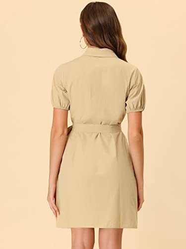 Image of Allegra K Women's Safari Dress Collared Short Sleeve Cotton Belted Button Down Shirt Dresses