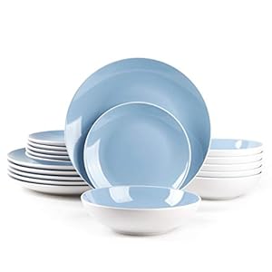 Stoneware Coupe Shape 18pc Dinnerware Set, Outside White + Inside Blue