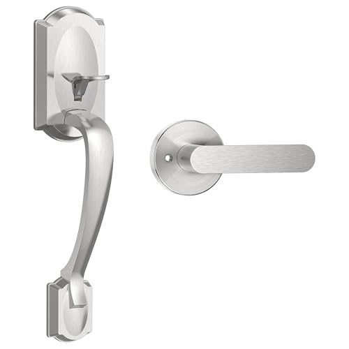 Image of Front Door Handle, Exterior Door Handle with Passage Lever, Vintage Front Entry Door Handle No Lock, Reversible for Left & Right Handed Doors, Lower Half Grip, Brushed Nickel