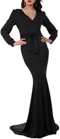 Women's Mermaid V-Neck Long Sleeve Halloween Party Maxi Dress With Belt, Black, Small