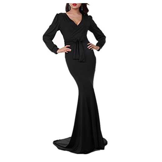 Women's Mermaid V-Neck Long Sleeve Halloween Party Maxi Dress With Belt, Black, Small