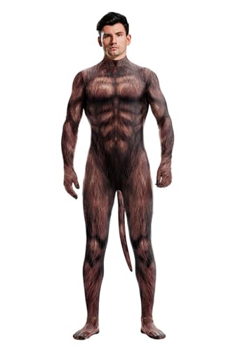 Sipumia Mens Halloween Bodysuit Muscle Animal Printed Cosplay Skinny Catsuit Fullbody Jumpsuit Costumes with Tail Brown Bear XL
