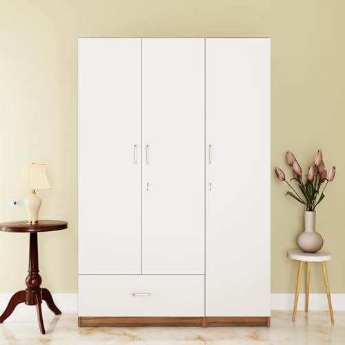 Image of VIKI Wardrobe |Wooden Almirah for 3 Door Wardrobe with 1 Drawer & Hanging Space (Walnut |White - 40D x 120W x 180.8H) | 1 Year Warranty | Free Assembly