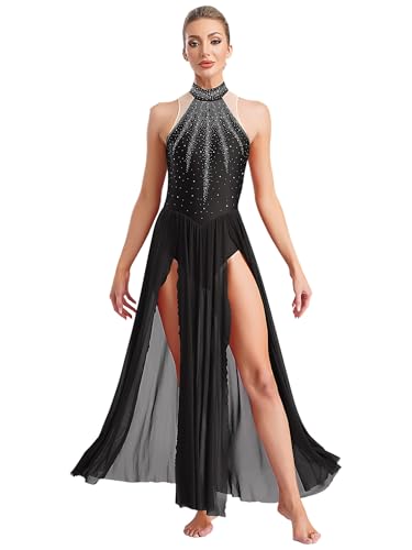 ranrann Femme Robe Danse Contemporaine sans Manches Robe Danse Lyrique Strass Justaucorps Gymnastique Tenue A Noir S