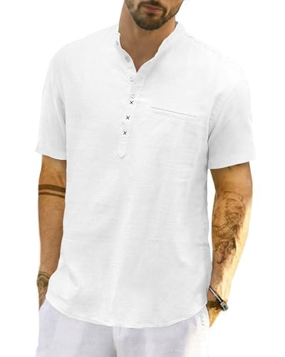 LVCBL Herren Leinenhemd Kurzarm Sommerhemd Regular Fit Freizeithemd Weiß M