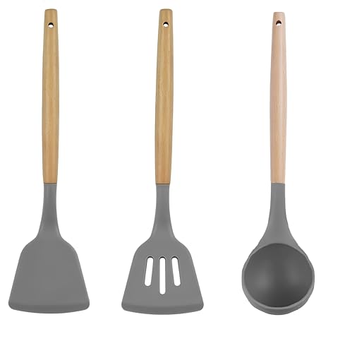 Image of Silicone Spatula Set, Spatula Set with Wooden Handle for Cooking and Mixing, for Non Stick Pan, Kitchen Tools Set of (3, Grey)