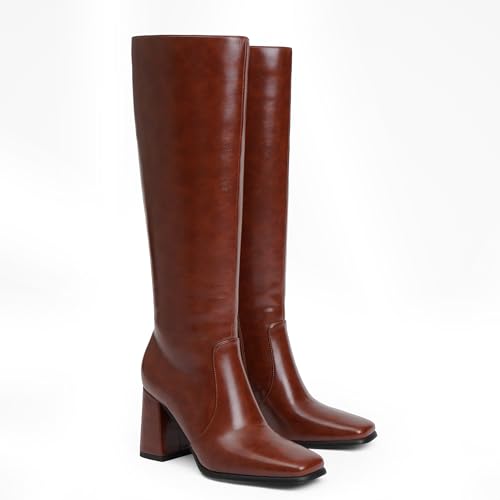 Image of QIY Knee High Boots Women Chunky Heel Square Toe Tall Boots Women Heeled Size Zipper Long Boots
