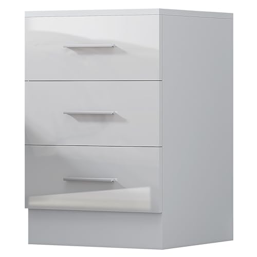 Reflect 3 Drawer Bedside Table | White Gloss & Matt White | Modern Nightstand for Bedroom Storage | H: 59.5cm x W: 39.5cm x D: 38cm