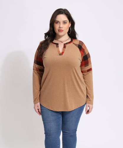 Image of CARCOS Plus Size Tops for Women Long Sleeve Fall Tunic Color Block Camo /Plaid /Leopard /Fall Blouse Crewneck Tshirt XL-5XL
