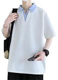 [Bligo] メンズ 夏服 tシャツ 半袖 vネック 重ね着風 無地 配色切替 ゆったり プレッピー 襟付き シンプル 涼しい 吸汗速乾 大きいサイズ カジュアル ドロップショルダー 春秋 快適 軽い 柔らかい 通勤 White-5XL
