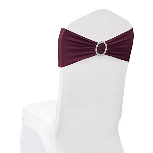 Image of Spandex Chair Sashes Bands, Burgundy, 50PCS | Stretch Chair Ties Bows, With Buckle Slider, For Wedding Party Banquet Decoration