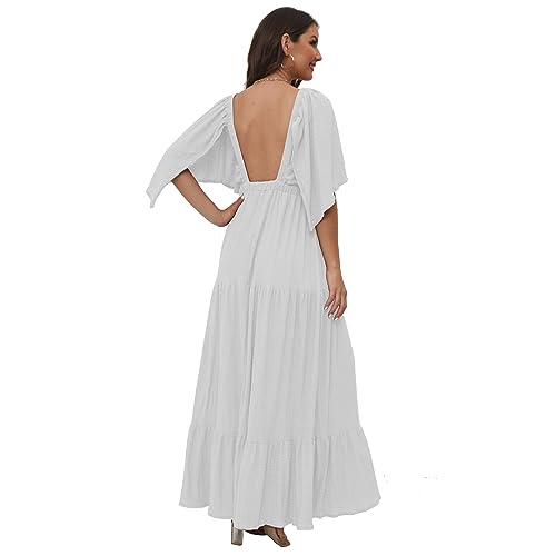 Image of SUNNOW Women's Plus Size Summer Maxi Dress Flowy Loose Fit V-Neck Tiered Ruffle Sleeve Boho Beach Dress
