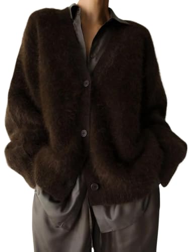 Womens Fuzzy Sweaters Cardigan V-Neck Button Down Oversized Mohair Sweater Casual Y2k 2025 Fall Winter