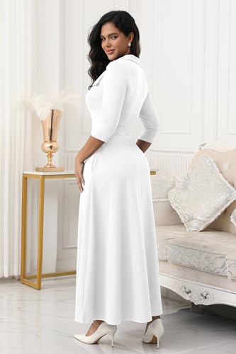 Image of FANDEE Maxi Dress for Women Long Elegant 3 /4 Sleeve Bow Tie Neck A Line Casual Party Church Dresses with Pockets