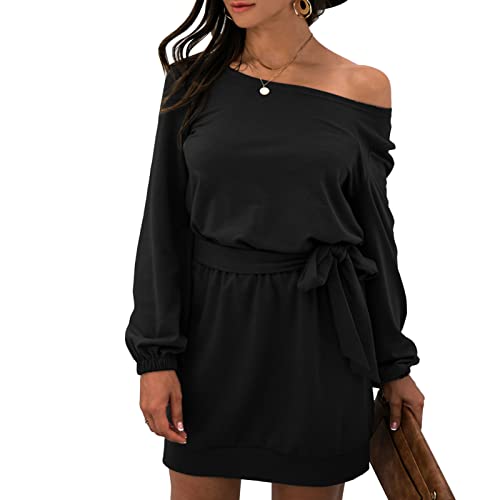 Vestido de Suéter con Hombros Descubiertos para Mujer Vestido Ajustado Elegante hasta La Rodilla Vestido Suéter Manga Larga para Mujer Vestido de Jersey de Mujeres con Cinturó(M -Negro) Cover