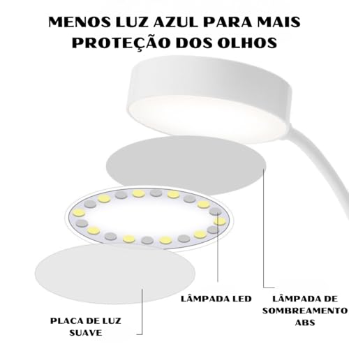 Luminária de Mesa Flexível Articulada Touch Recarregável 20 LEDs Bivolt para Estudo, Leitura e Escri