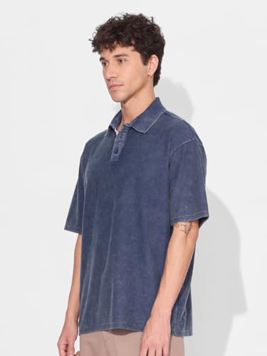 Image of The Souled Store Estate Blue Men and Boys Short Sleeves Collared Neck Solid Cotton Oversized Polos
