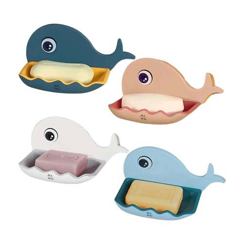 Image of (Pack of 4) Fish Shape Soap Dish Wall Mounted | Adhesive Waterproof Soap Stand Holder for Bathroom & Kitchen Sink | Plastic Double Layer Soap Dish with Strong Magic Sticker (Random Color)