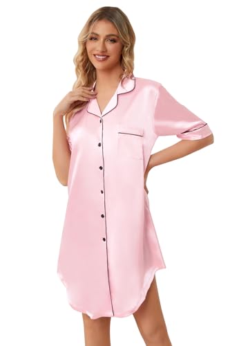 Schbbbta Girls & Women Silk Nightgown, Short Sleeve Button Down Satin Nightshirt Pajama House Dress, 3 Years- Women 2XL4