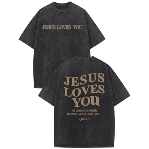 Weetiotio Christian Jesus Loves You Shirts for Men Religious Oversized Graphic Tees Jesus Faith Acid Wash T Shirt God Top(Black,M)