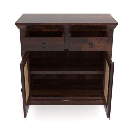 Image of Small Wooden Cabinet for Living /Dining /Drawing /Bedroom & Office with 2 Drawers & Doors | Solid Wood Sheesham | Walnut Finish | Design - Cane