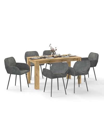 Xinyvee Table a Manger 6 Personnes 140x70x75 cm avec Lot de 6 Chaises Grise Velours Ensemble Salle a Manger Fauteuil Cuisine Meuble Design Scandinave...