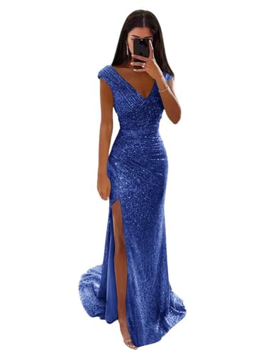 Maxianever Royal Blue Prom Dresses for Women 2025 Long Sparkly Sequin Mermaid V Neck Evening Party Gowns with Slit 2