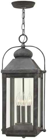 Hinkley Anchorage Large Hanging Outdoor Lantern, Aluminum, Clear Glass, Arched Carriage Handle, Aged Zinc Finish