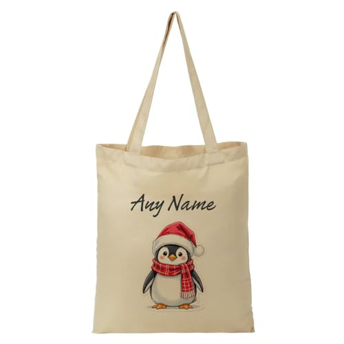UNIGIFT Personalised Gift - Red Hat Penguin Tote Shopping Bag (Animal Design) Any Name Message Unique - Cute Illustration Christmas Artwork