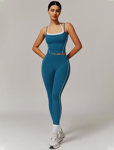 Womens Workout Sets Two Piece Spaghetti Straps Tank Top Matching High Waist Leggings Gym Work Out Outfits with Pockets2