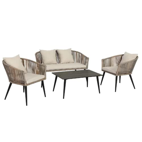 Trueshopping Rope Wicker Garden Furniture Lounge Set with Cream Cushions - 4 Piece Set - Balcony, Lawn, Decking, Patio - Image 4