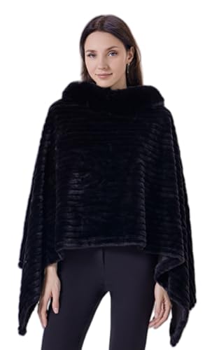 Miaikvs Poncho Cape Tricoté De Femme Pull-Over avec Col en Fourrure Poncho Wrap Châle(Noir)