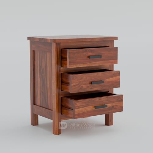 Image of DRIFTINGWOOD Roovi Solid Sheesham Wood Bedside Table with 3 Drawers | Wooden Nightstand /Side Table for Bedroom & Living Room (Honey Finish)