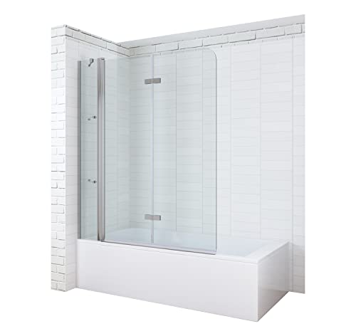 Glass Shower Screen for Bathtub 150 x 140 cm Bath Attachment Shower Enclosure Folding Wall Folding Door with Fixed Part and Shower Shelves 5 mm Single Panels Safety Glass ESG with Nano Coating